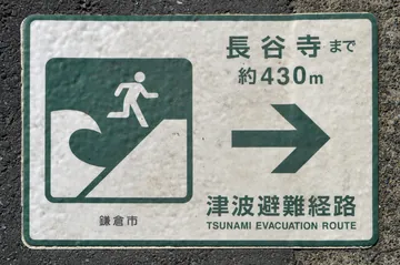 道路に描かれた津波避難経路の案内（神奈川県鎌倉市）