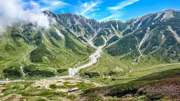 富山県 立山 雷鳥沢キャンプ場のテントと別山