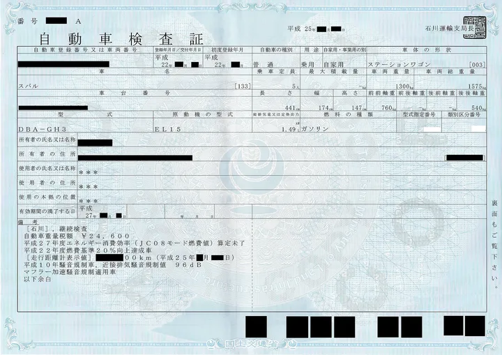 車検証(個人の情報は隠してある)