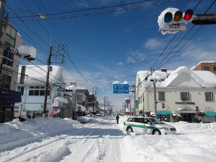 大雪の積もる町の道（山梨県）