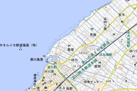 滑川海浜公園オートキャンプ場のある地区(滑川市高塚)の地図